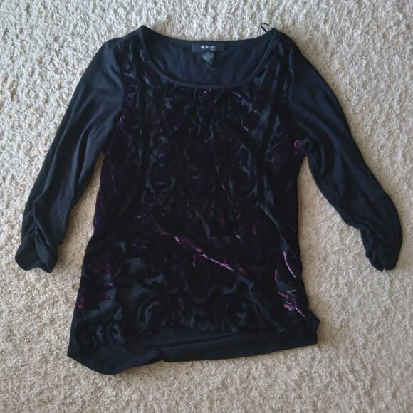 Vintage Style & Co Black 3/4 Sleeve Sheer Top with Dark Purple Velvet and Dots - Picture 1 of 6